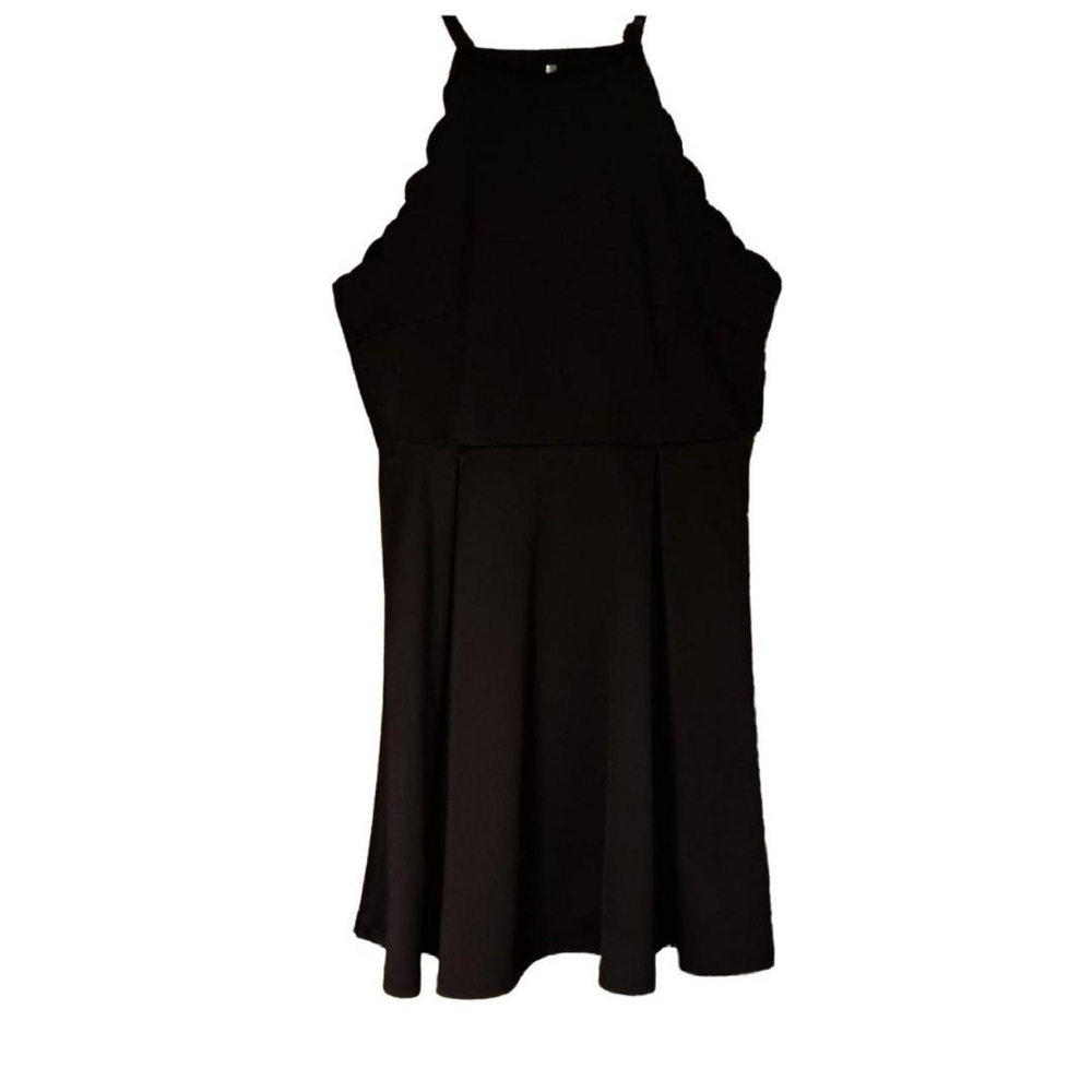 Black halter neck dress.